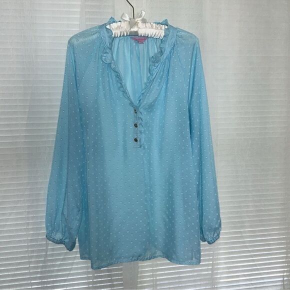 Lilly Pulitzer L Elsa Light Blue Swiss Polka Dot Long Sleeve 3 Button Ruffle Top - Picture 3 of 12